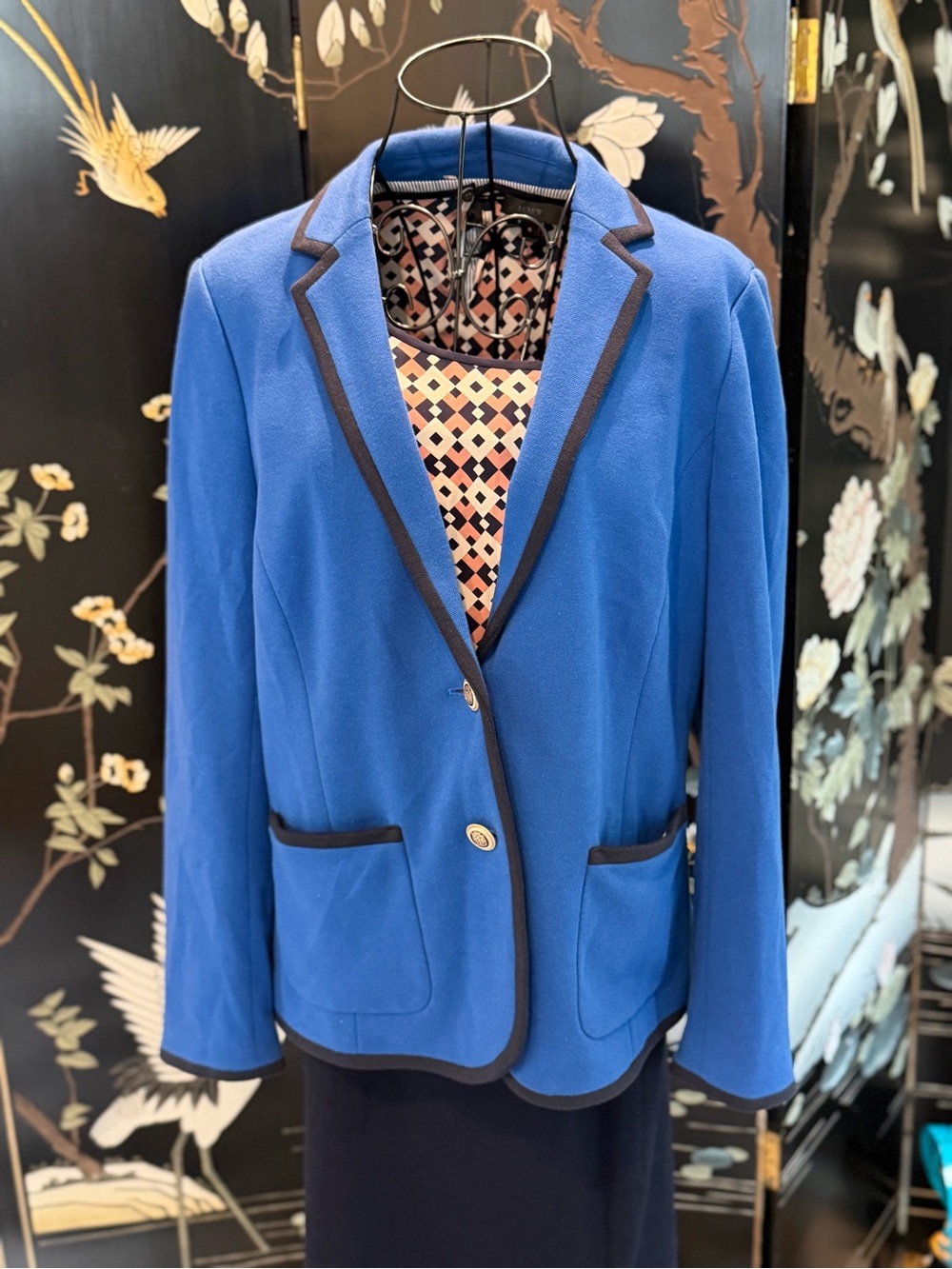 Talbots Aberdeen Blazer Jacket Blue Cotton Knit Contrast Trim Crest Buttons 10